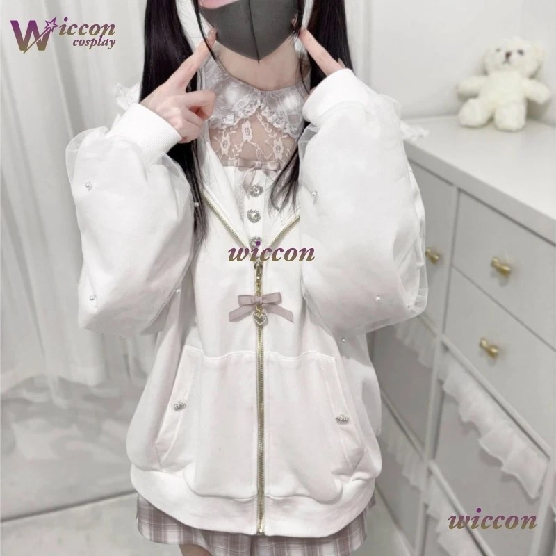Dnua Kawaii Cappotti da donna Jirai Kei Lolita Y2K Carino giacca in stile giapponese Dolce perla Orecchie di coniglio Arco Felpe con cappuccio Elegante Casual Top