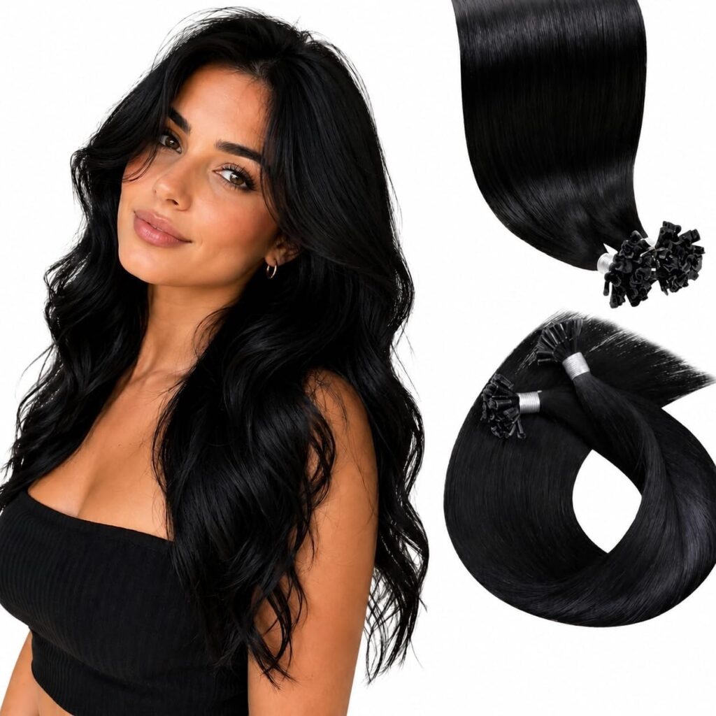 LaaVoo Extension Capelli Veri Cheratina Nero Jet 60cm 50g 50 Ciocche | Invisibili e Naturali, Morbidi e Setosi, Remy Umani Lisci, per Ogni Giorno Colore 1