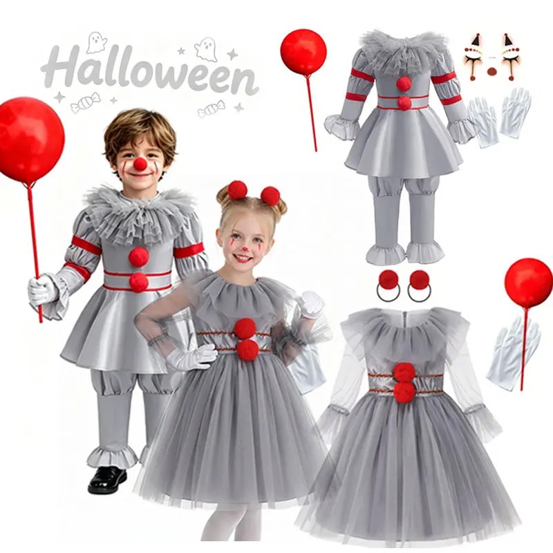 Costume da Clown Joker Grigio Spaventoso per Bambini, Set di Abiti per Cosplay Orribile, Outfit per Feste di Halloween e Carnevale 2026 per Ragazzi e Ragazze