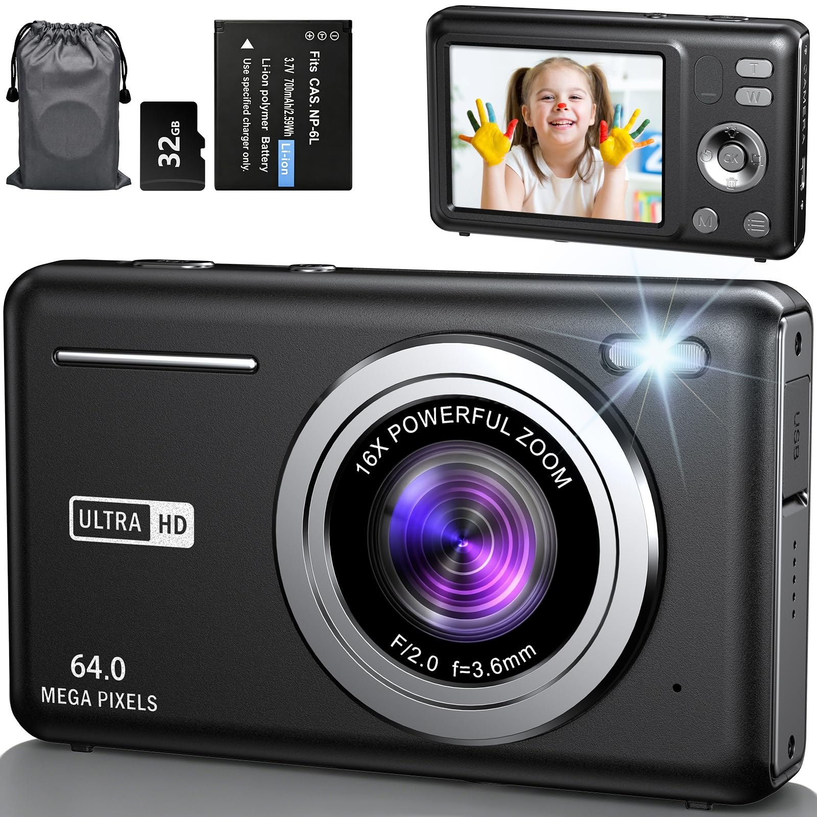 Macchina Fotografica Digitale 64MP 4K Fotocamera Digitale con Zoom Digitale 16X Ricaricabile Macchina Digitale Compatta con Scheda da 32GB per Bambini Studenti Principianti (Nero)