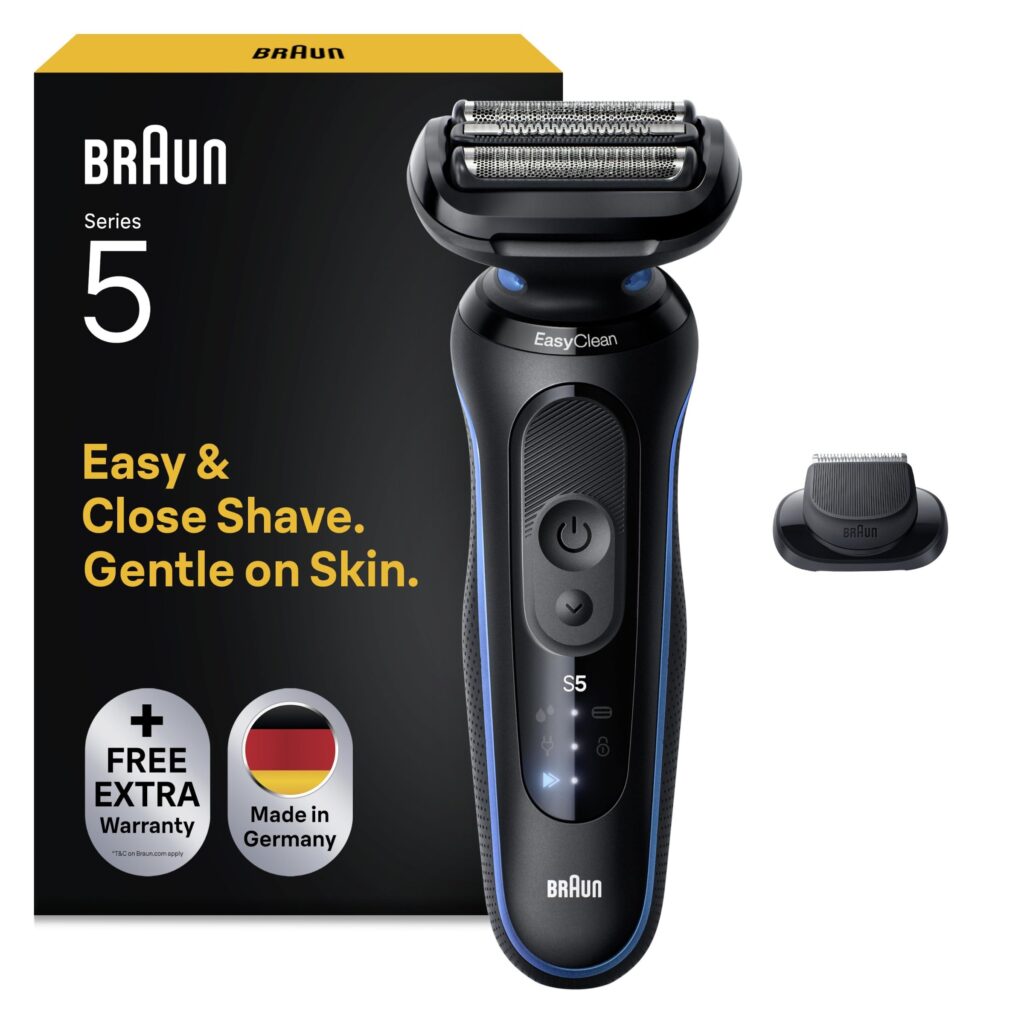 Braun Serie 5 Rasoio Elettrico Barba, 1 Accessorio, 52-B1200si, Blu | Regolabarba Uomo, 1 Accessorio, Rifinitore di Precisione, Rasoio Barba Impermeabile, Ricaricabile, 50 Min di…