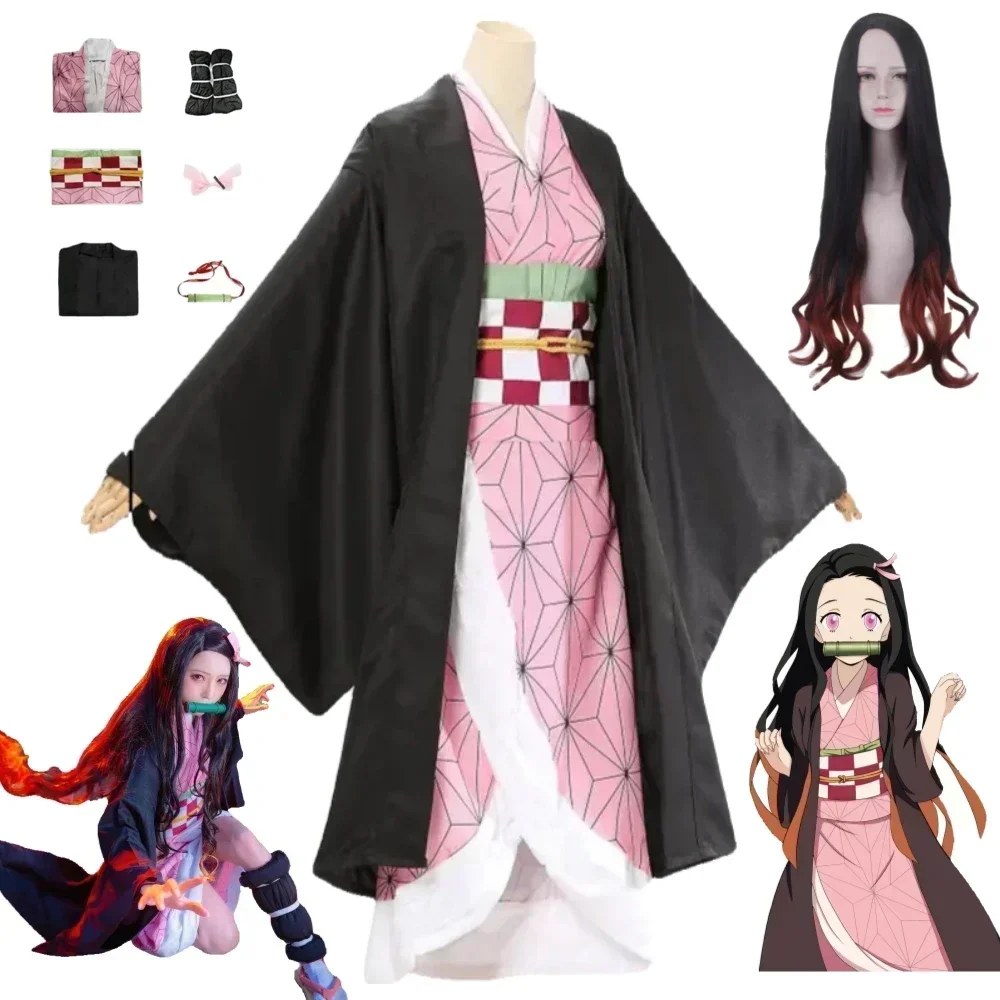 Kamado Nezuko Cosplay Kostuum Anime Kimono Kamado Nezuko Pruik Uniforme Halloween Vrouwen Kinderkleding