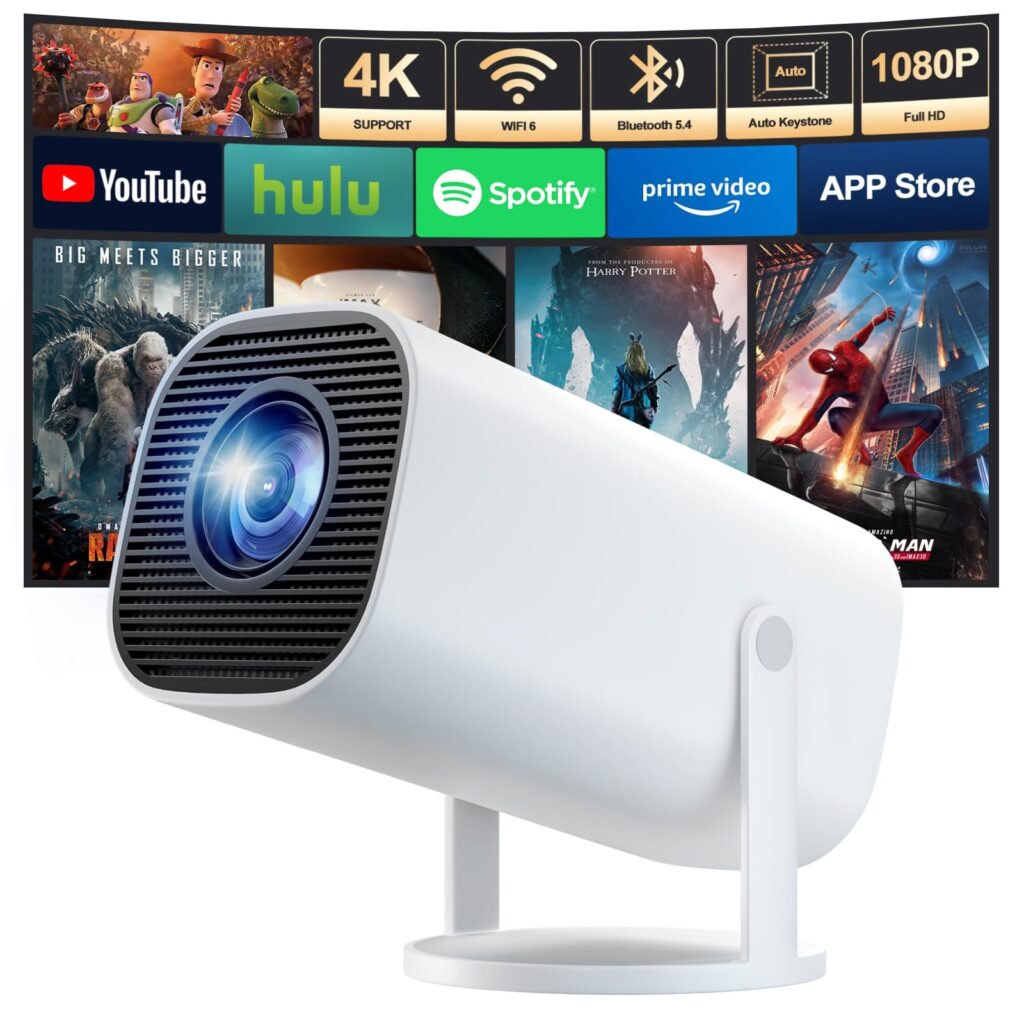 Mini Proiettore 4K Full HD 1080P Supporta, Proiettore Portatile | con WiFi 6 BT 5.4, Correzione Trapezoidale Automatica, Rotazione di 180°, Compatibile con Laptop/HDMI/TV Stick