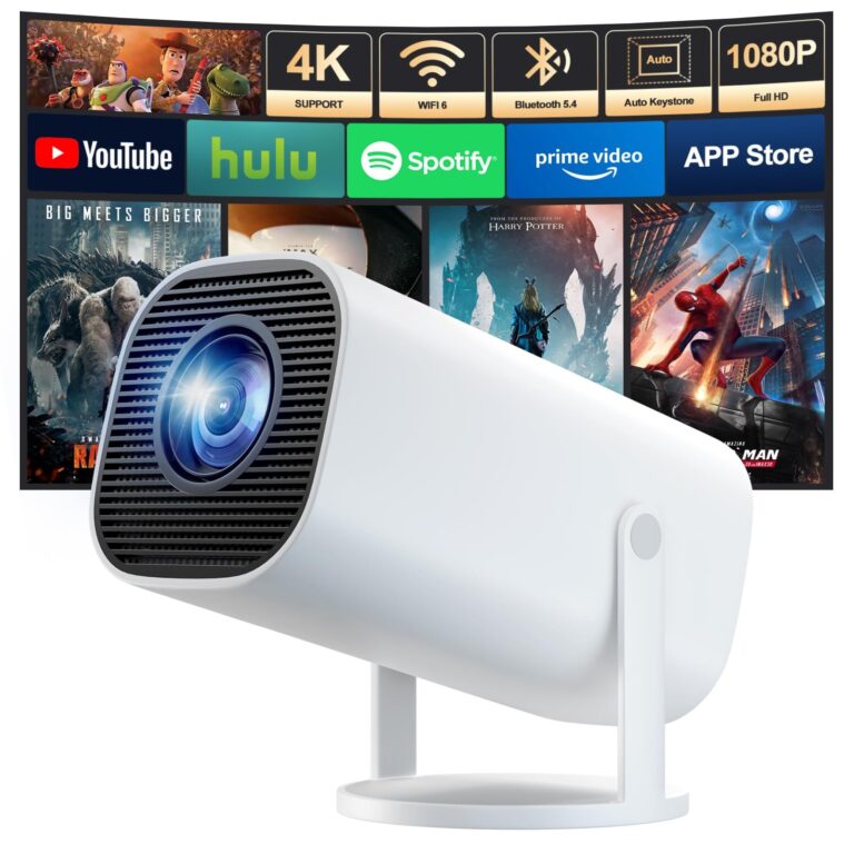 Mini Proiettore 4K Full HD 1080P Supporta, Proiettore Portatile | con WiFi 6 BT 5.4, Correzione Trapezoidale Automatica, Rotazione di 180°, Compatibile con Laptop/HDMI/TV Stick