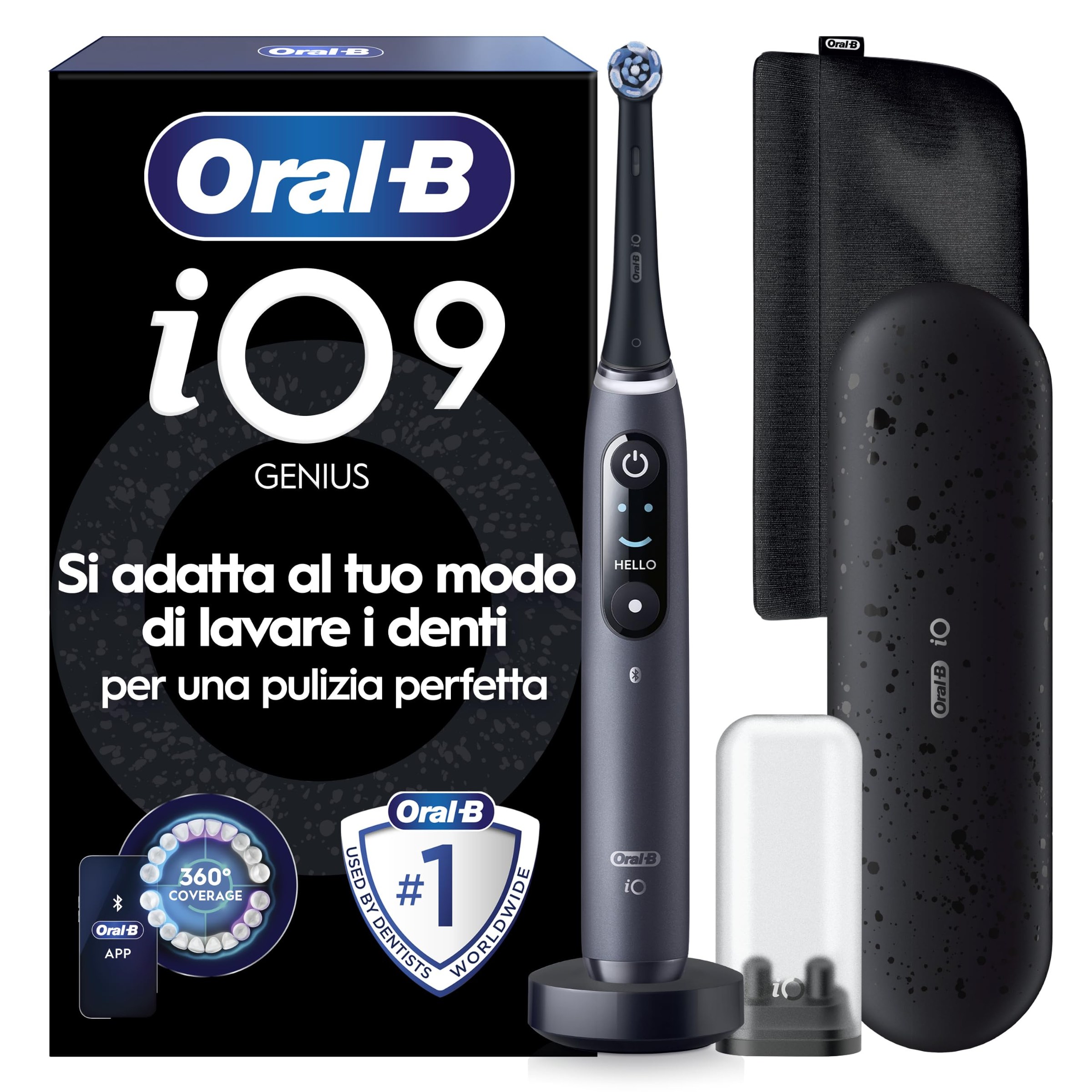 Oral-B iO 9 Spazzolino Elettrico, 1 Testina di Ricambio, Custodia, Nero | 1 Testina di Ricambio per Spazzolino Elettrico Ricaricabile, Custodia da Viaggio, Astuccio Magnetico, Pul…