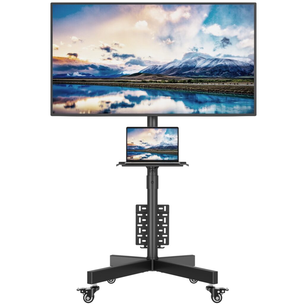 BONTEC Supporto TV da Pavimento per TV LCD/LED da 23–60 Pollici, Carrello TV Mobile con Ruote e Ripiano, Altezza Regolabile, Portata fino a 40 kg, VESA max 400x400 mm