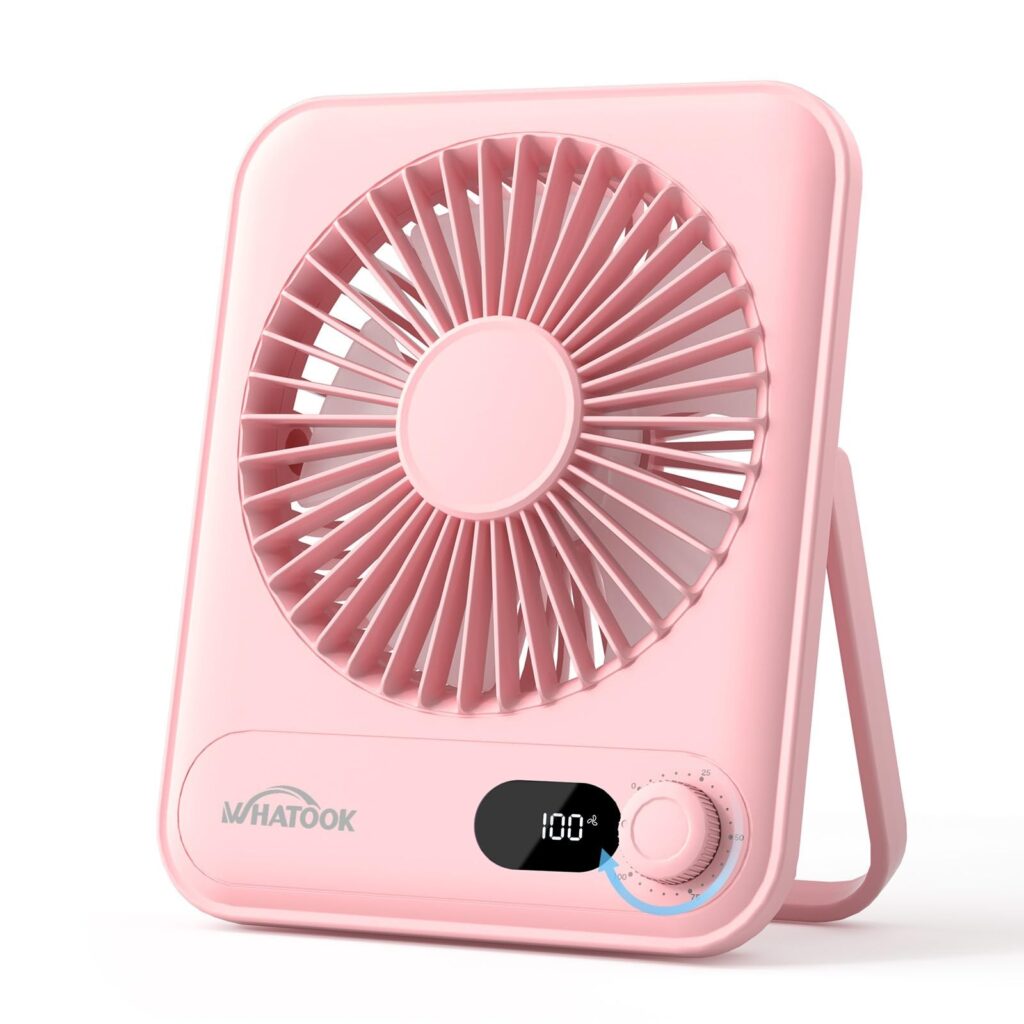 WHATOOK Mini Ventilatore da Tavolo Ricaricabile 2000mAh, Silenzioso, Rosa | 100 Velocità,USB C, Fino a 10 ore, Display LED, Mini Portatile Pieghevole Piccolo Leggero per Ufficio S…