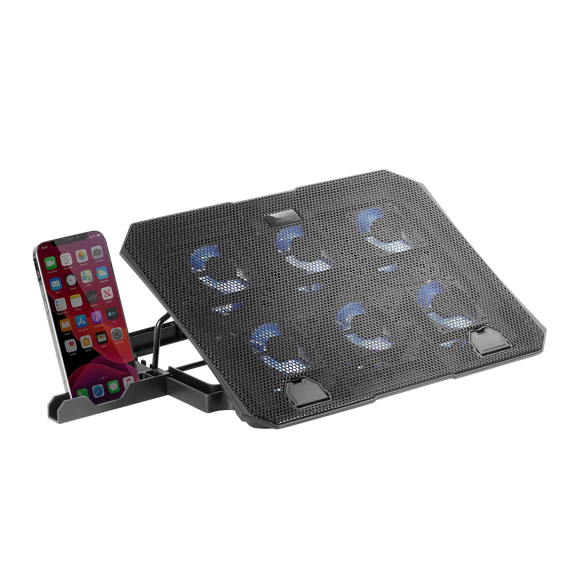 Mars Gaming MNBC23, Base di Raffreddamento e Supporto 16', 6 Ventole Controllabili con LED Blu, Stand 6 Posizioni, Supporto Smartphone, 2 USB 2.0, Nero