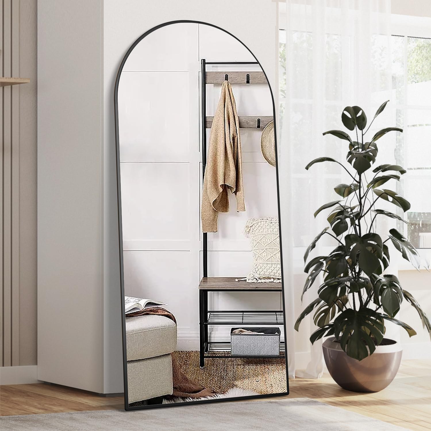 NEUWEABY Specchio da terra ad arco 165 x 60 cm Specchio a tutta lunghezza con supporto Nero Grande Specchio per tutto il corpo in piedi, appeso o appoggiato per la camera da letto