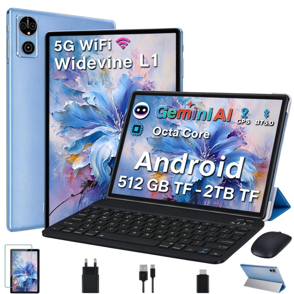 Tablet 10 Pollici Android 15 Tablets con Gemini AI, 64GB+2TB TF, GMS, Tablets 5G+2.4G WIFI, Octa-Core 2.0GHz, Face ID,Widevine L1 FHD,BT5.0,Type-C,8MP+5MP, GPS ,Tablet 3 in 1 con…