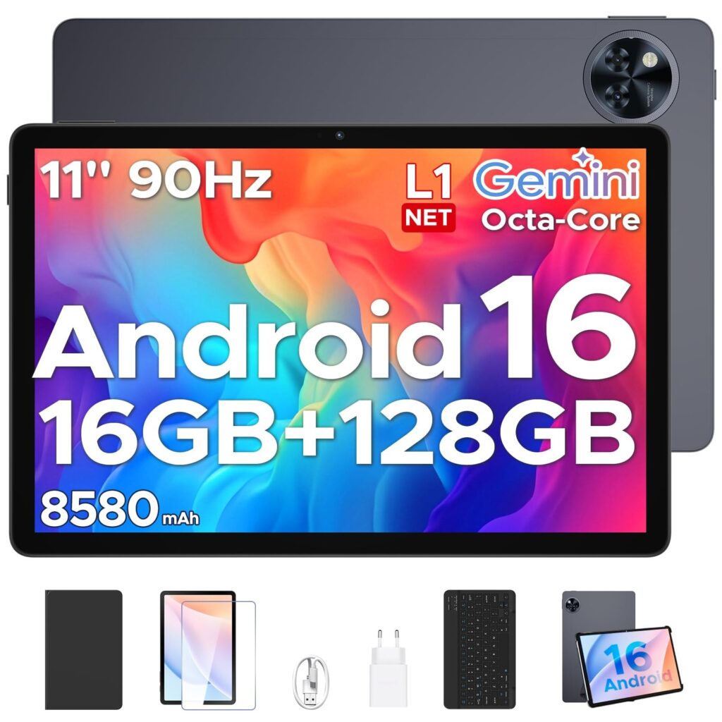 ANYREAL U11 Android 16 Tablet Con Tastiera, Tablet 11 Pollici Gemini AI, Unisoc T7200 Octa-Core, 16GB+128GB, 8580mAh&90Hz, WiFi 5G, Widevine L1, Face ID, GPS, OTG, Audio 3.5mm,Tab…