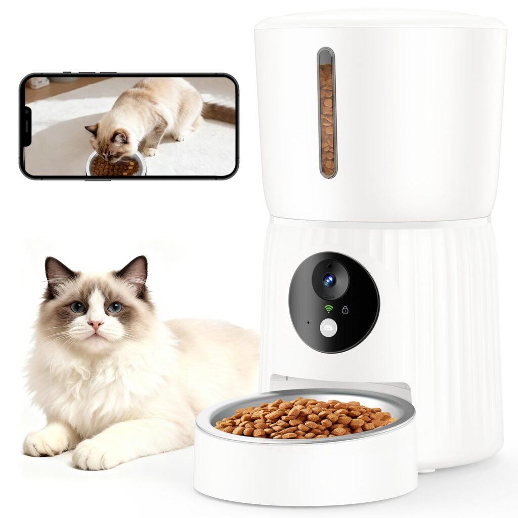Faroro Distributore Automatico Cibo Gatti con Telecamera, Video HD 1080P, Visione Notturna, Audio Bidirezionale, Dispenser 4L, Sensore Anti-Blocco, APP, Wi-Fi 5GHz