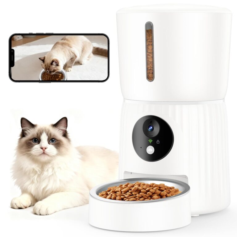 Faroro Distributore Automatico Cibo Gatti con Telecamera, Video HD 1080P, Visione Notturna, Audio Bidirezionale, Dispenser 4L, Sensore Anti-Blocco, APP, Wi-Fi 5GHz
