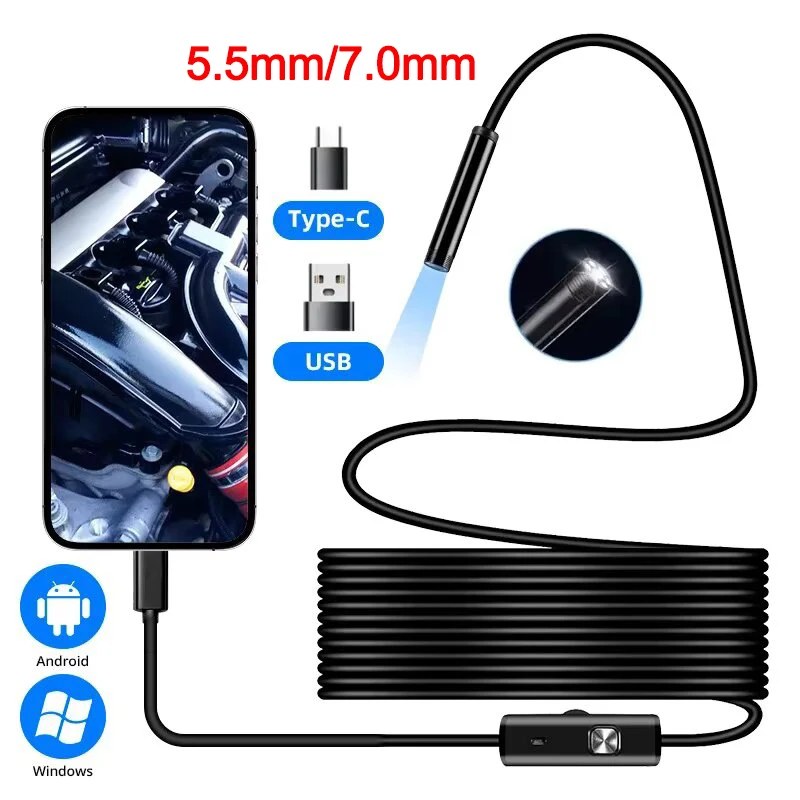 Endoscopio con Fotocamera Type-C da 5.5/7.0MM con 6 LED Regolabili, Boroscopio Flessibile USB per Android, Telefono e PC