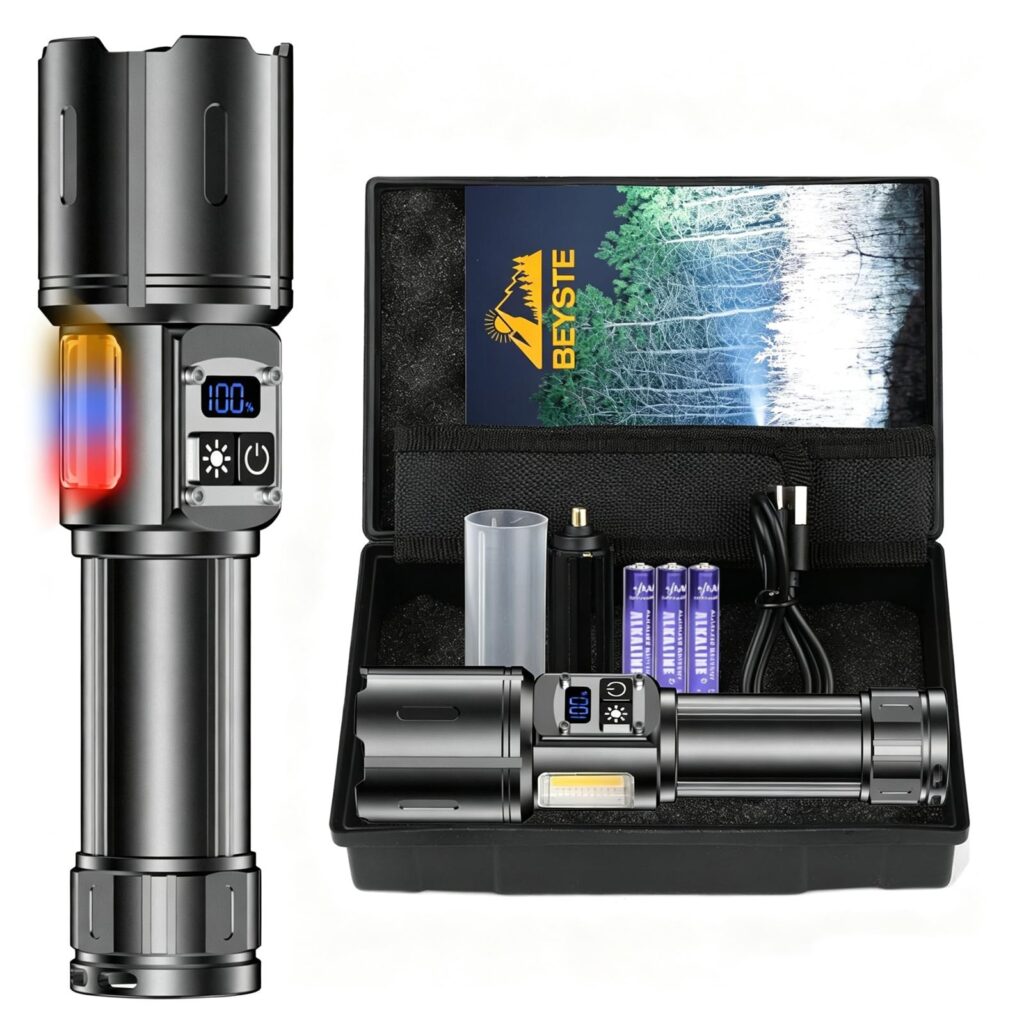 BEYSTE Torcia LED Potente Professionale 1000000 Lumens, COB Laterale, Zoom | Regolazione Continua, 8 Modalità Fisse, Ricaricabile USB C, Display LCD, Alluminio, Per Campeggio Trek…