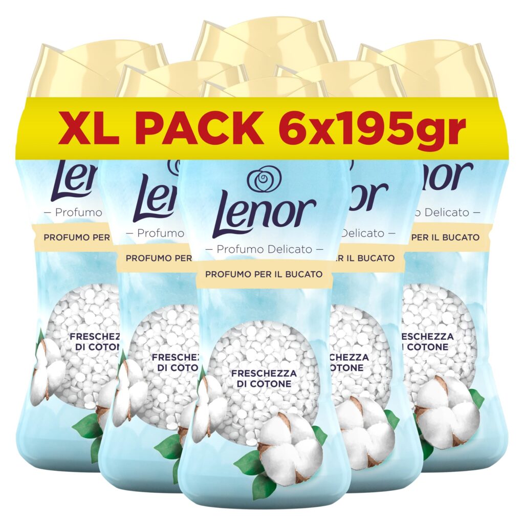 Lenor Profumatore Bucato Lavatrice Perle Profumate, Cotone, 195gr x 6pz | Profumo leggero per il bucato, fragranza Fresco Cotone, dura a lungo