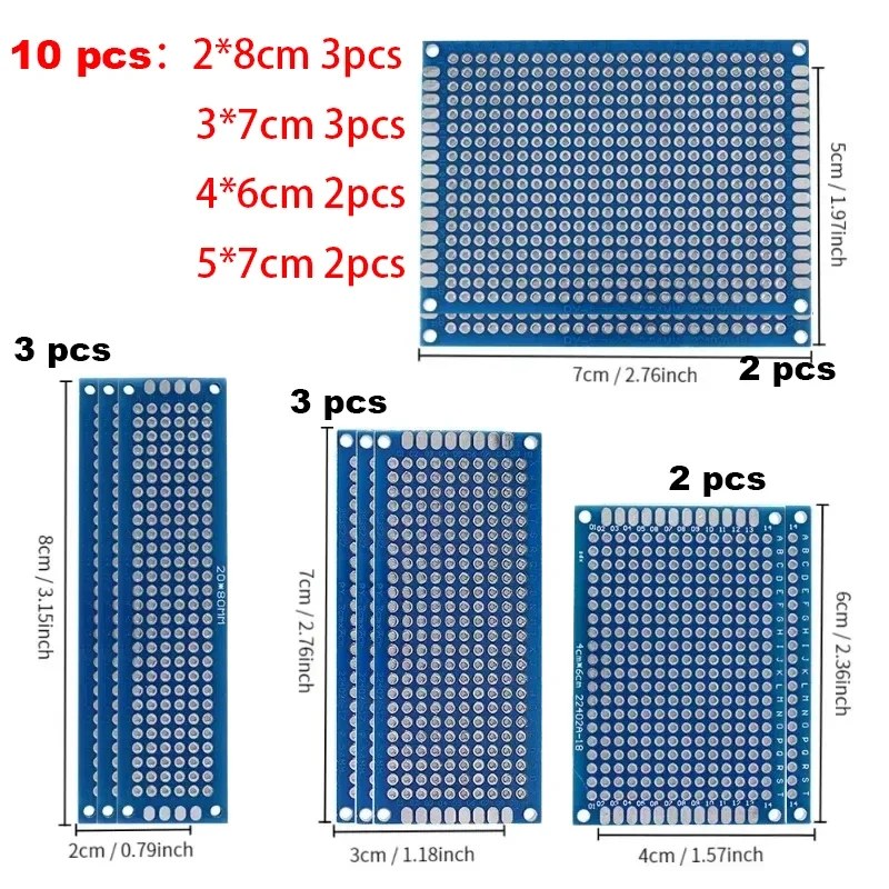 Kit scheda prototipo PCB universale 10 pezzi, 4 dimensioni bifacciali blu FR4 passo 2,54 mm per saldatura elettronica Arduino fai da te