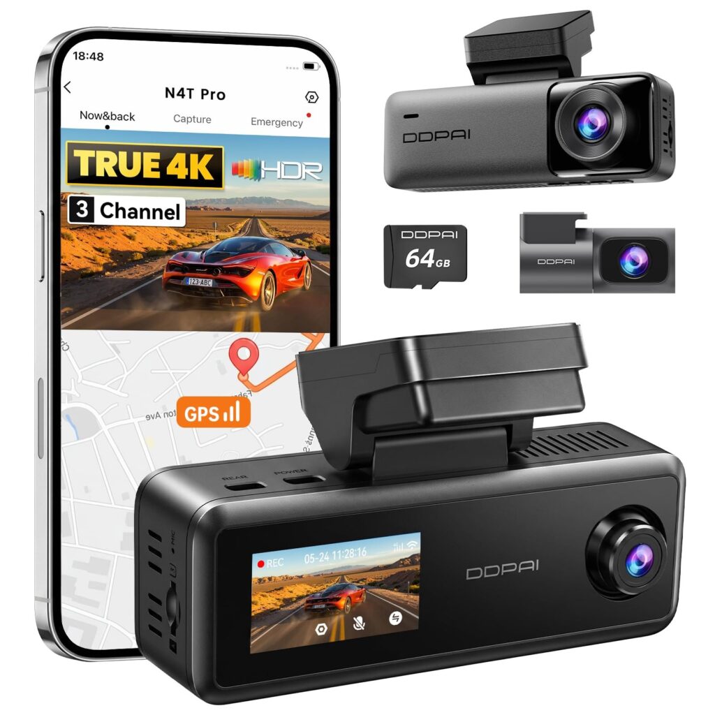 DDPAI N4T Pro 4K Dashcam Auto 3 Canali (4K+1080P+1080P）con HDR, Visione Notturna IR, Monitoraggio Parcheggio 24 H, GPS Integrato, Sensore G, Wi-Fi 6, Supercondensatore con SD 64GB…