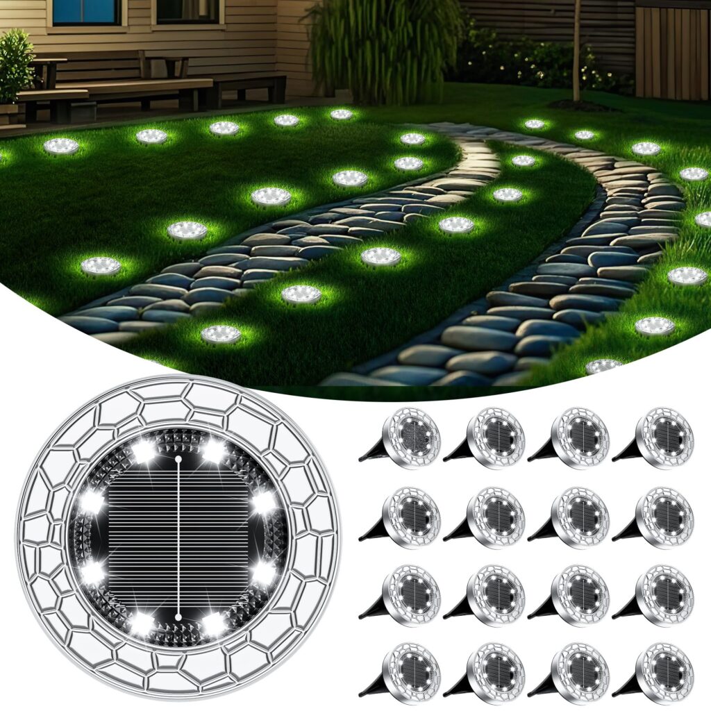 FIFlying 16 pezzi Luci Solari da Giardino, 8 LED Lampade Solare da Terra | Acciaio Inossidabile Bianco Freddo Faretti Sepolta Solari a Led da Esterno, per Prato, Vialetto, Marciap…