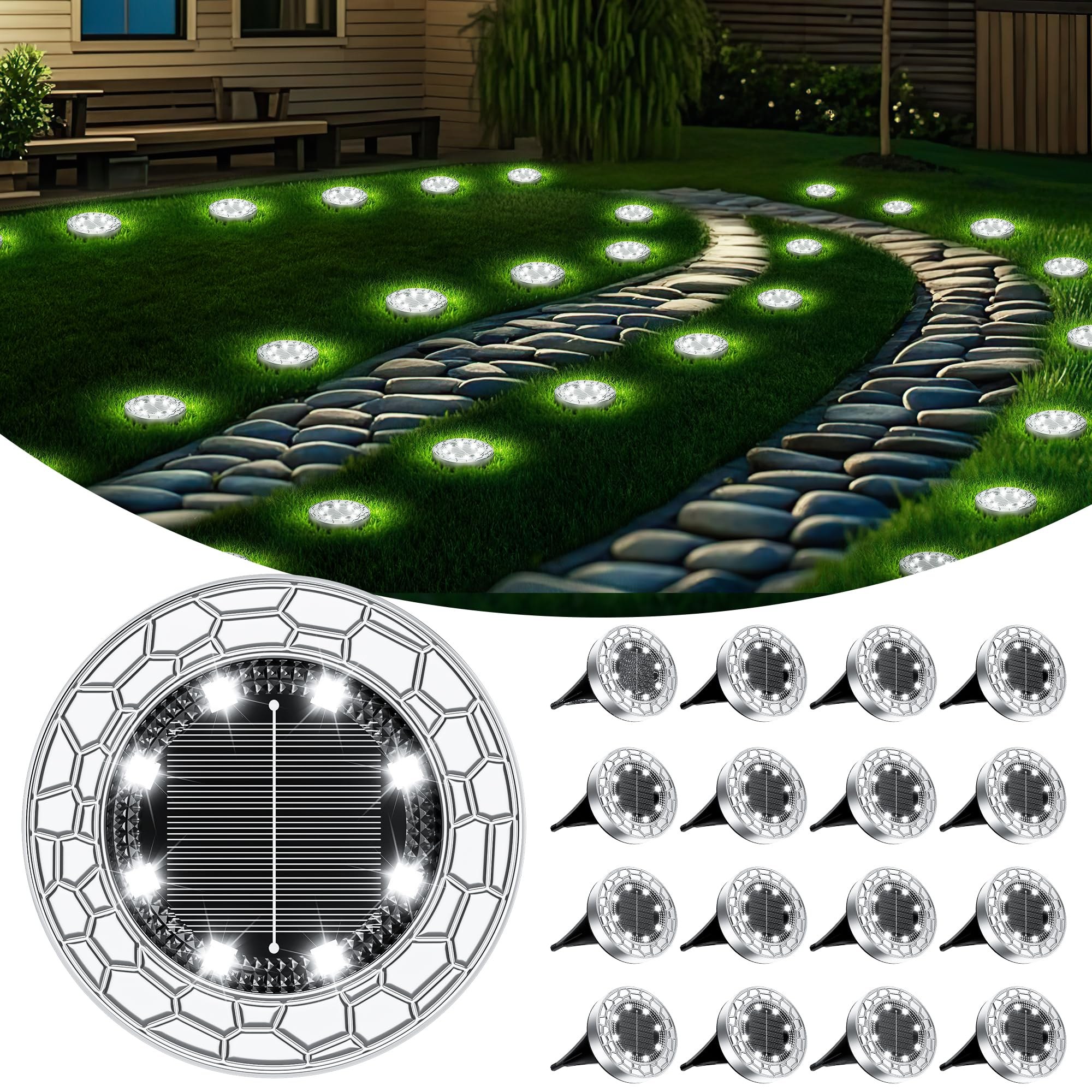 FIFlying 16 pezzi Luci Solari da Giardino, 8 LED Lampade Solare da Terra | Acciaio Inossidabile Bianco Freddo Faretti Sepolta Solari a Led da Esterno, per Prato, Vialetto, Marciap…