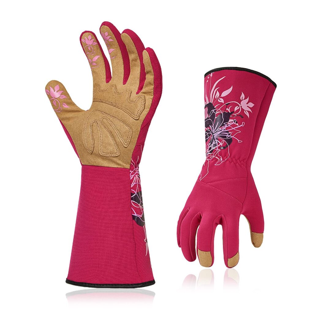 Vgo... 1 paio Guanti da Giardinaggio Antispine, Guanti Lavoro Lunghi Donna per Agricoltura Giardino Potatura con Palmo Antiabrasivo Antiscivolo(Rosso,L)