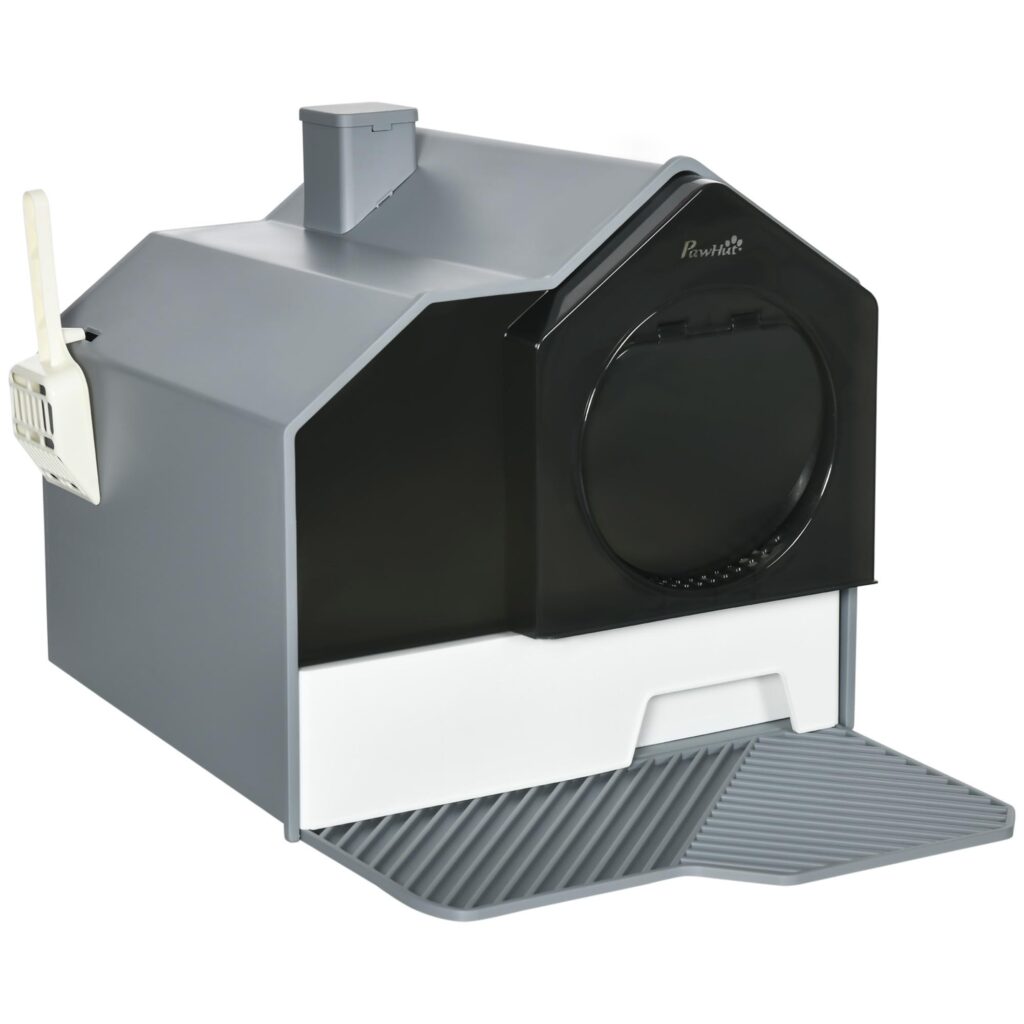 PawHut Lettiera per Gatti Chiusa con Vassoio Estraibile 47x45x42cm Grigio | Toilette per Gatti con Coperchio, Tappetino e Paletta Inclusi