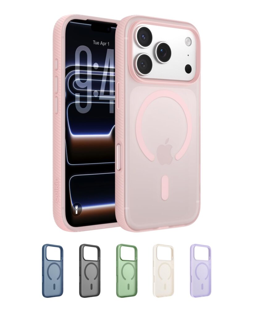 Belkin SheerForce Grip Cover per iPhone 17 Pro Compatibile con MagSafe, Design Sottile con Linee Laterali Antiscivolo, Custodia Bumper per iPhone, Magnetica, Trasparente e Anti-ur…