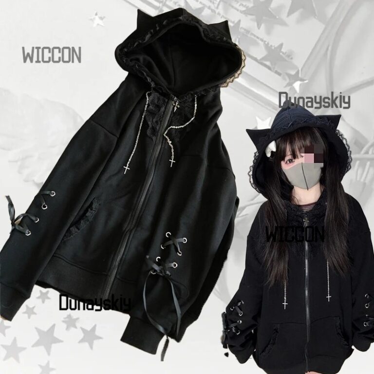 Jirai Kei Pizzo subculturale giapponese Gatto scuro Cappotto punk Costumi Cosplay Donne Ragazze Y2K Nastro di pizzo con cappuccio Halloween Natale