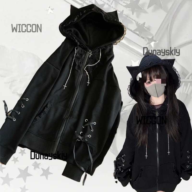 Jirai Kei Pizzo subculturale giapponese Gatto scuro Cappotto punk Costumi Cosplay Donne Ragazze Y2K Nastro di pizzo con cappuccio Halloween Natale