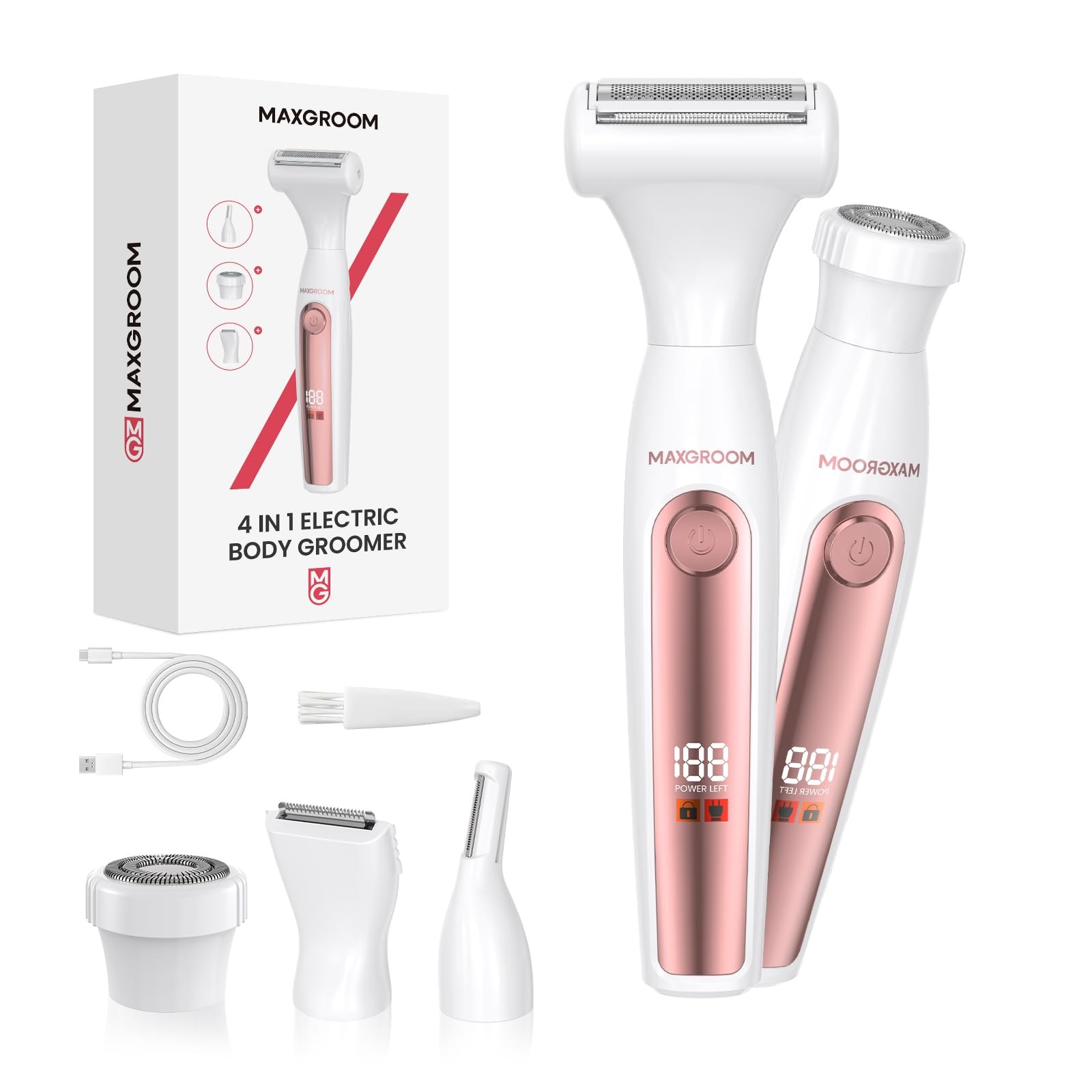 MAXGROOM Rasoio Elettrico Donna 4 In 1 Depilatore Corpo, Bianco | Impermeabile Depilatore Corpo Donna, Rasoio Parti Intime Kit per Viso, Corpo e Inguine con Ricarica Type-C, Led D…