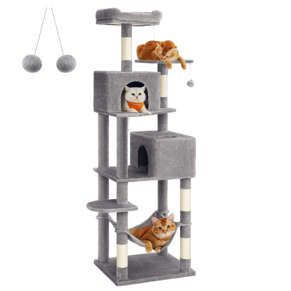 Feandrea Albero per Gatti Alto 182.1 cm, in Peluche a Più Livelli | Tiragraffi con 5 Pali Graffiatoi, 2 Posatoi, 2 Grotte, Amaca, 2 Pompon, Grigio Tortora, Collezione CLAWFY PCT19…