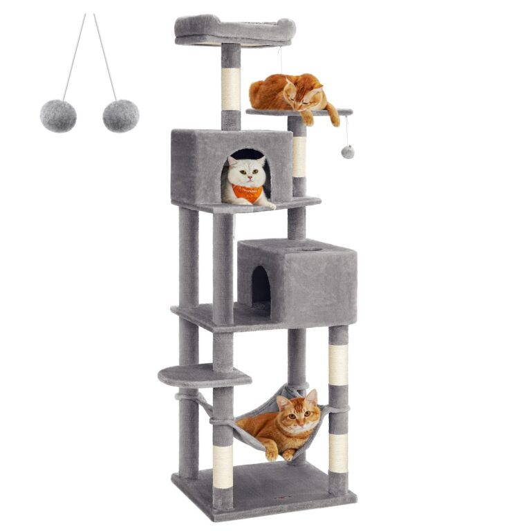 Feandrea Albero per Gatti Alto 182.1 cm, in Peluche a Più Livelli | Tiragraffi con 5 Pali Graffiatoi, 2 Posatoi, 2 Grotte, Amaca, 2 Pompon, Grigio Tortora, Collezione CLAWFY PCT19…