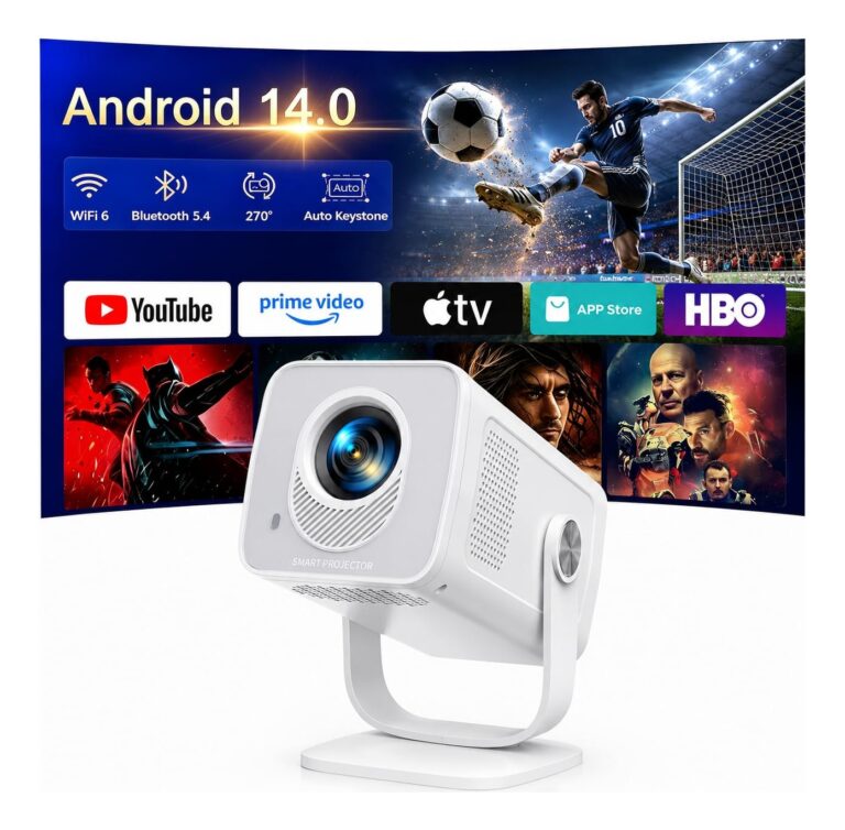 Proiettore [Android 14 & Ottica Corta]Proiettore Portatile Wi-Fi 6 Mini Projector Two-Way Bluetooth 5.4 Pot Rotazione Videoproiettore Controllabile Tramite App per Casa/HDMI/USB/S…