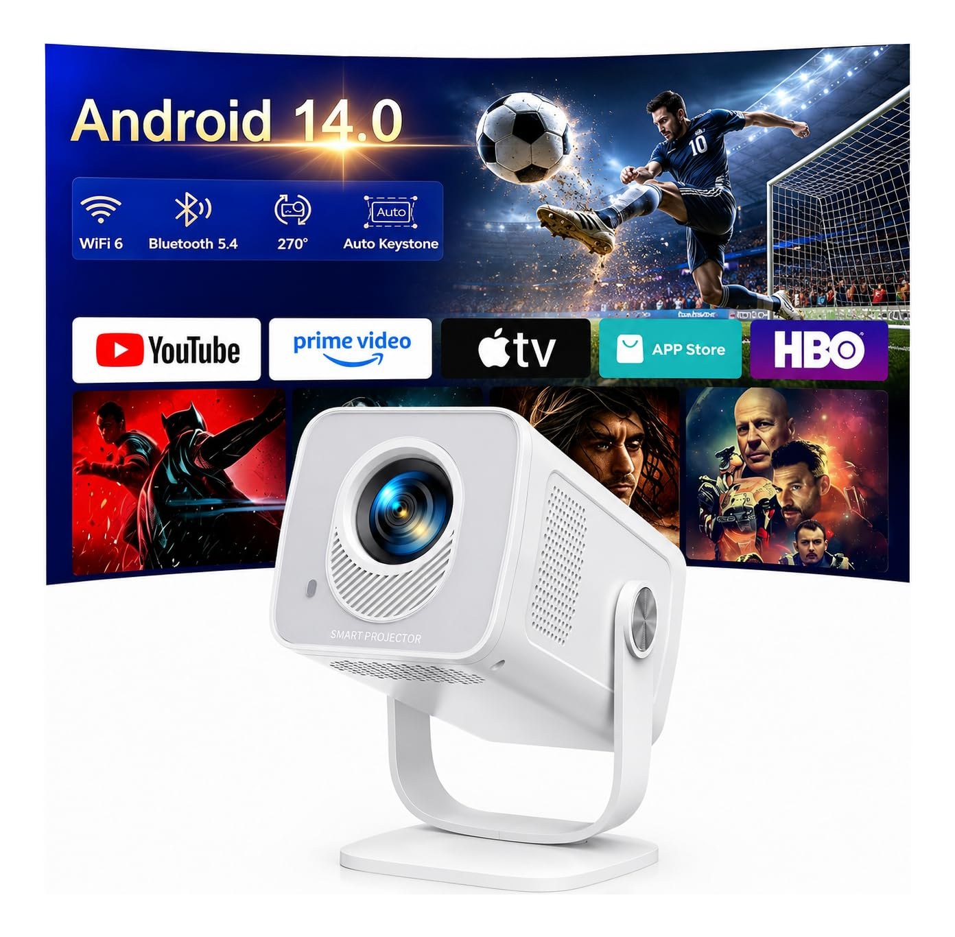 Proiettore [Android 14 & Ottica Corta]Proiettore Portatile Wi-Fi 6 Mini Projector Two-Way Bluetooth 5.4 Pot Rotazione Videoproiettore Controllabile Tramite App per Casa/HDMI/USB/S…