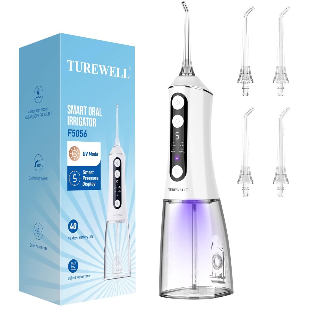 TUREWELL Idropulsore Dentale Portatile with UV Mode, Irrigatore Orale | water flosser Serbatoio UVC 2 in 1, regolazione 5 livelli, impermeabile IPX7, batteria fino a 40 giorni, se…
