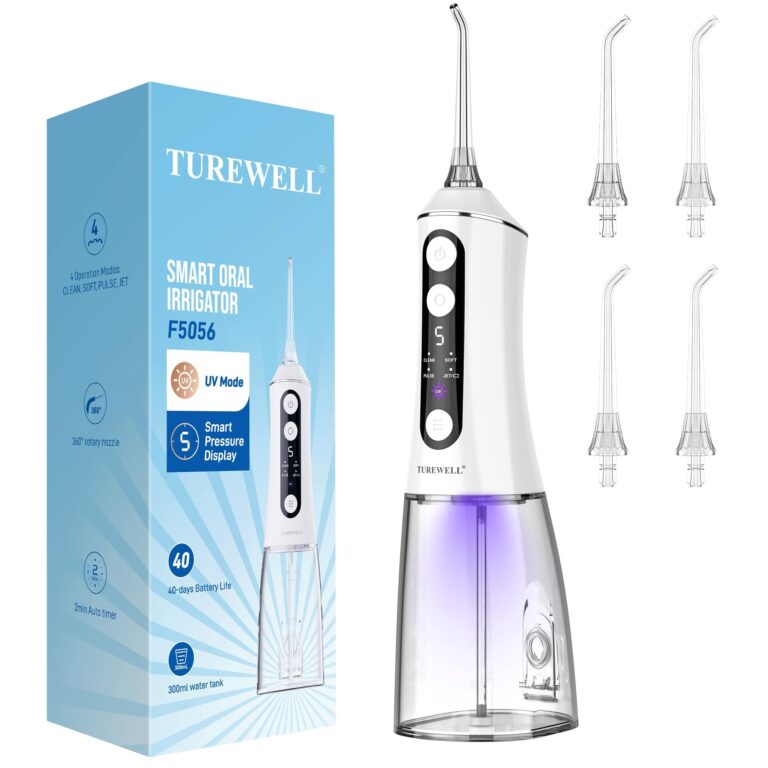 TUREWELL Idropulsore Dentale Portatile with UV Mode, Irrigatore Orale | water flosser Serbatoio UVC 2 in 1, regolazione 5 livelli, impermeabile IPX7, batteria fino a 40 giorni, se…