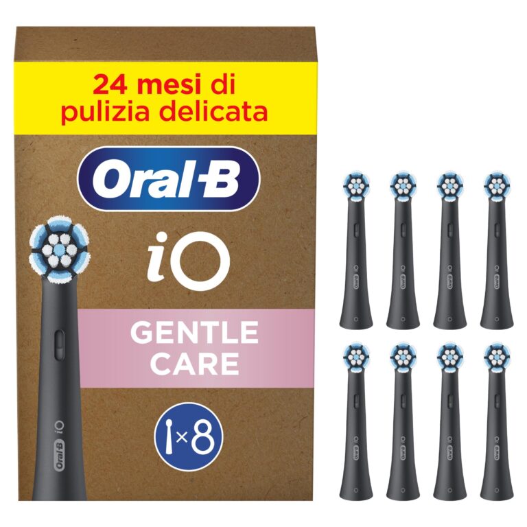 Oral-B Testine di Ricambio iO Gentle Care, Nere, 8 Ricambi | 8 Testine di Ricambio per Spazzolino Elettrico, Rotonde Originali per Gengive Sensibili, Setole Angolate