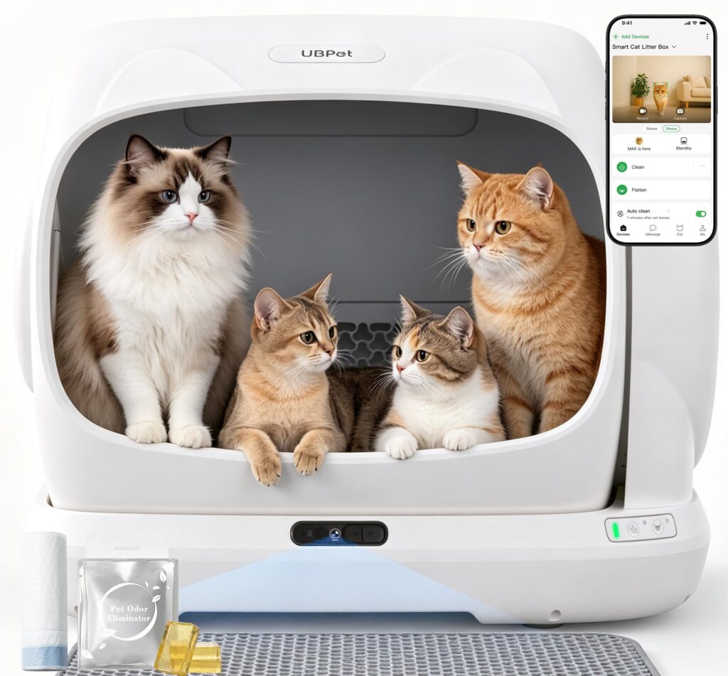 UBPET XXXL Lettiera Gatto Autopulente, 106L-Lettiera Autopulente per Gatti con Controllo App, Deodorizzatore, Grande Capacità, Lettiera Automatica per Più Gatti (Bianco-C41 Pro)