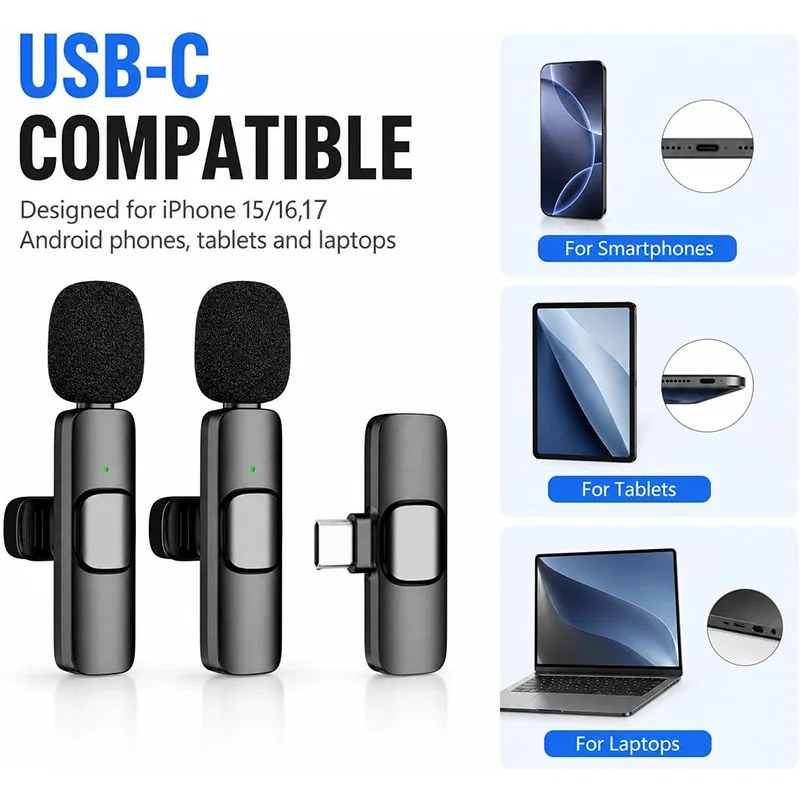 Microfono Lavalier Wireless per iPhone Serie 15/16/17 e Dispositivi Android, Microfono Miniaturizzato con Cancellazione del Rumore per Vlogging