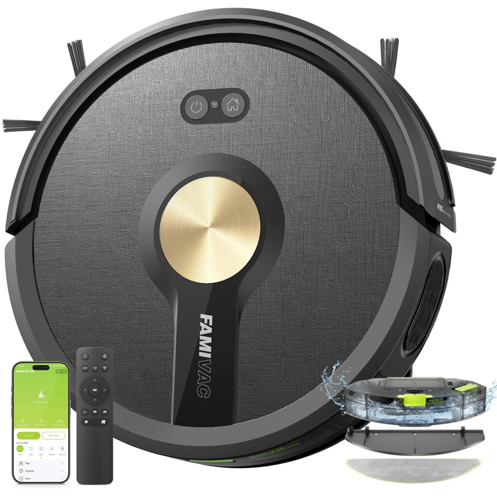FAMIVAC R10 Robot Aspirapolvere Lavapavimenti 3 in 1, 6000 Pa, 200 Min, Controllo APP/Alexa/Google Home e Telecomando, Silenzioso, Auto-Ricarica, per Pavimenti Duri, Tappeti e Pel…