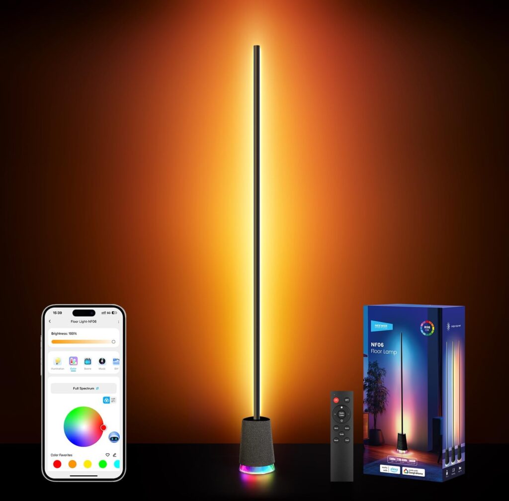 NEEWER NF06 Lampada da Terra Intelligente RGB IC CW, Luce Angolare LED 1500lm, Compatibile con Google Alexa, Ambient Lamp con Design APP/AI/Sync Musicale/16 Milioni di Colori per…