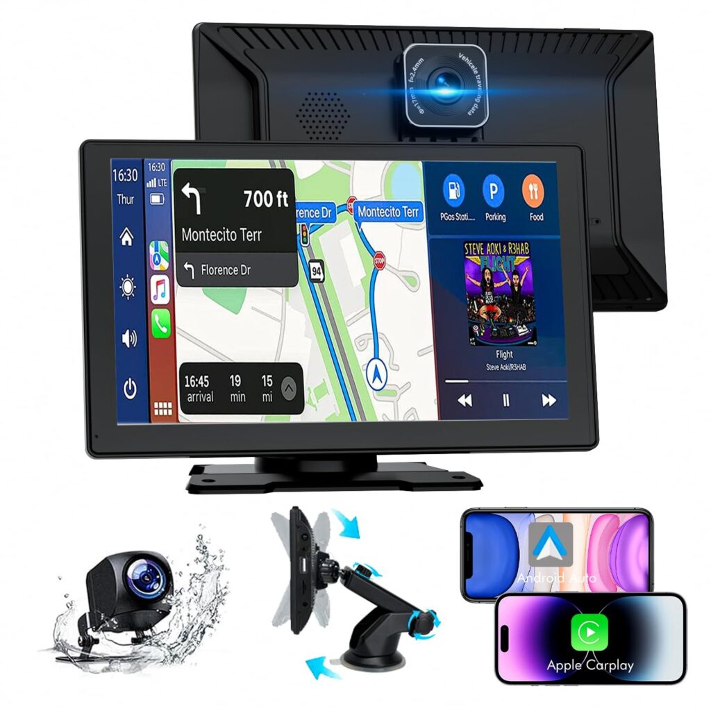 Carplay Auto, 9" Android Auto Wireless, Autoradio Bluetooth con Schermo con 1080P Telecamere Posteriori e Anteriori, Navigazione GPS, Controllo Vocale a Mani Libere, Mirror Link,…