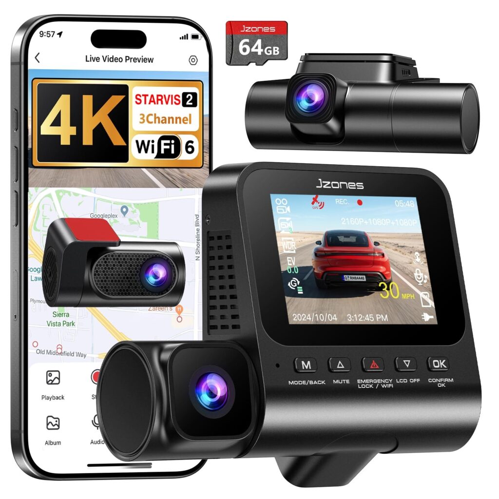 3 Canale Dashcam Auto 4K, Visione Notturna STARVIS 2 e HDR | Dash cam Anteriore, Posteriore e Interna, Registrazione Loop, Parcheggio Sorvegliato 24H, WiFi6, GPS e Scheda SD 64GB…