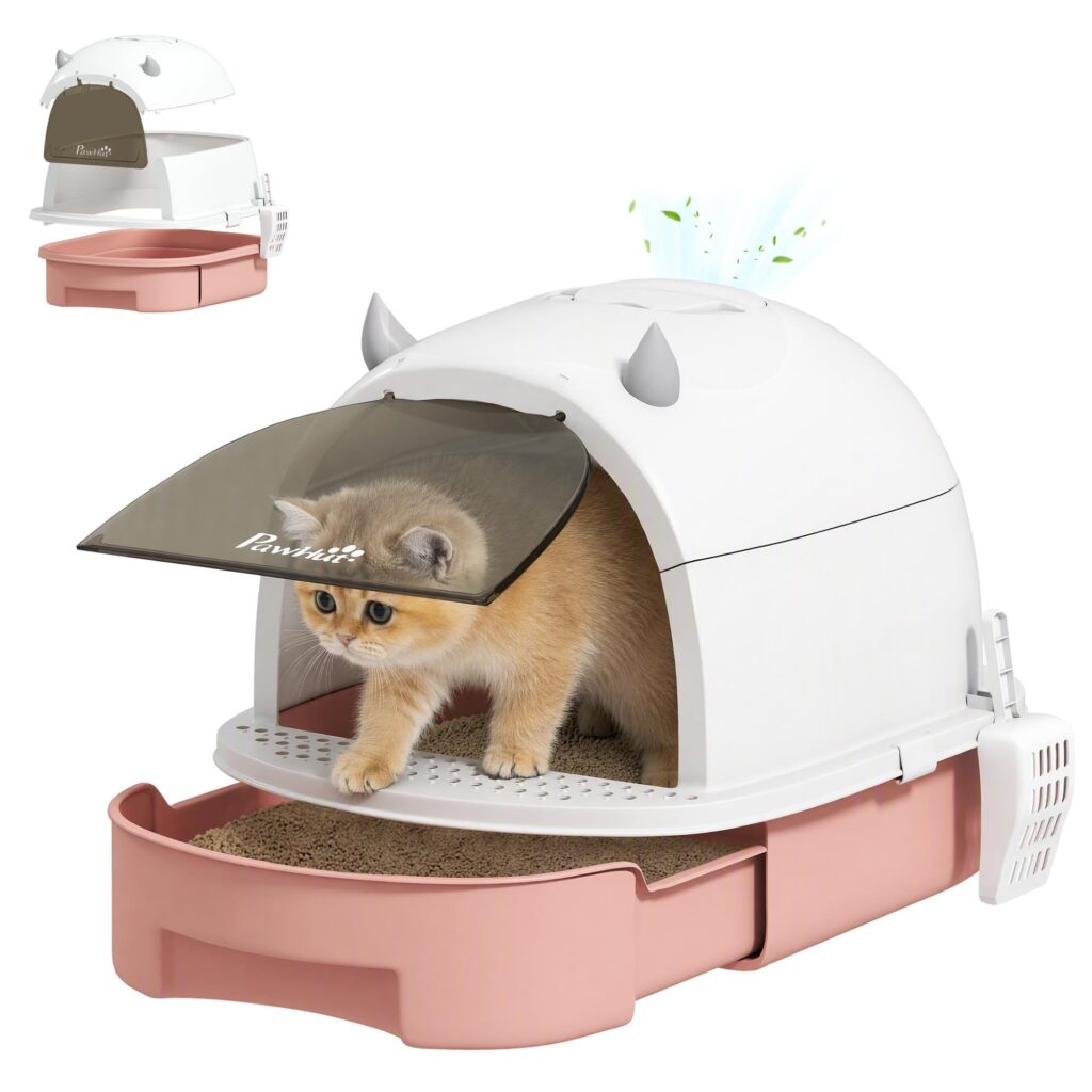 PawHut Lettiera per Gatti Chiusa con Vassoio Estraibile Maniglia Rosa | Toilette per Gatti, Cassetta Igienica per Gatti, Paletta, Filtro ai Carboni Attivi, Facile da Pulire