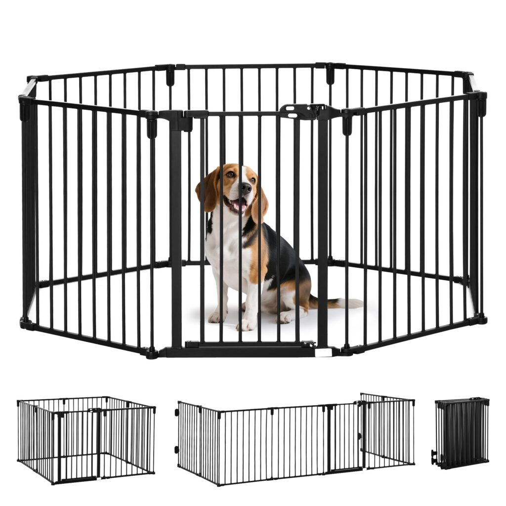 PawHut Cancelletto di Sicurezza Pieghevole 8 Sezioni in Acciaio Nero | Cancellino Barriera per Cani, Sistema di Blocco e Chiusura Automatica