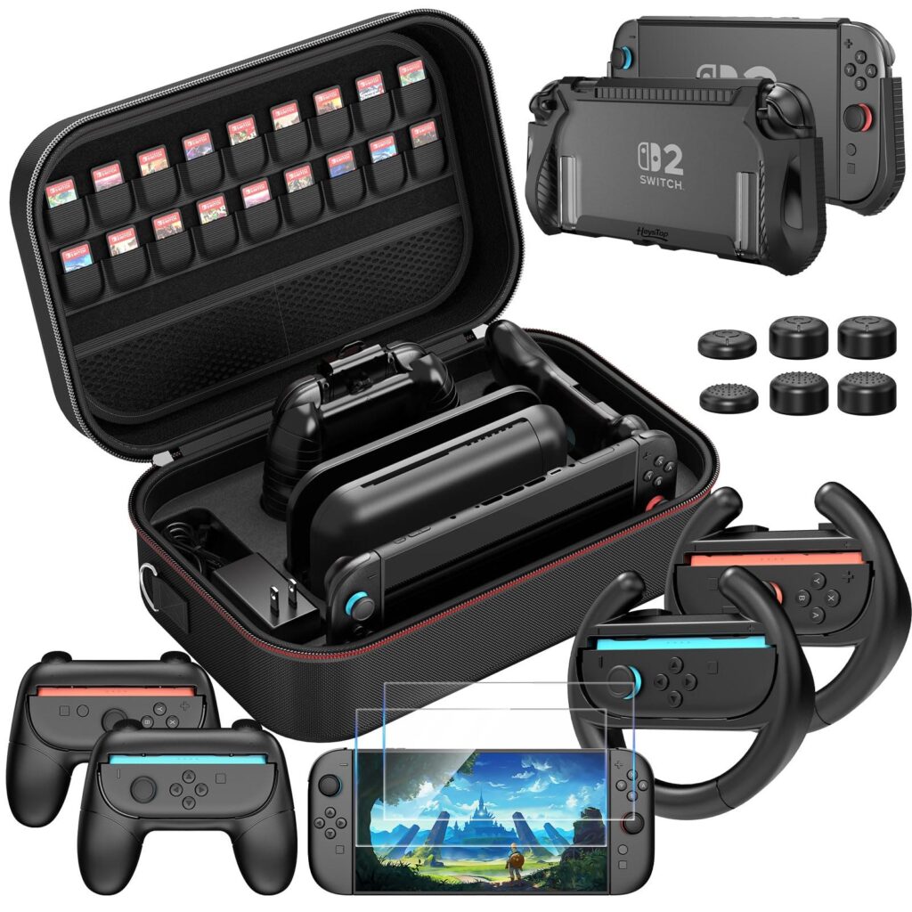 HEYSTOP Kit Accessori per Nintendo Switch 2 con Grande Custodia Trasporto | Bundle Custodia da Viaggio per Nintendo Switch 2 con Cover Dockable, Grip per Volante da Corsa, Manigli…