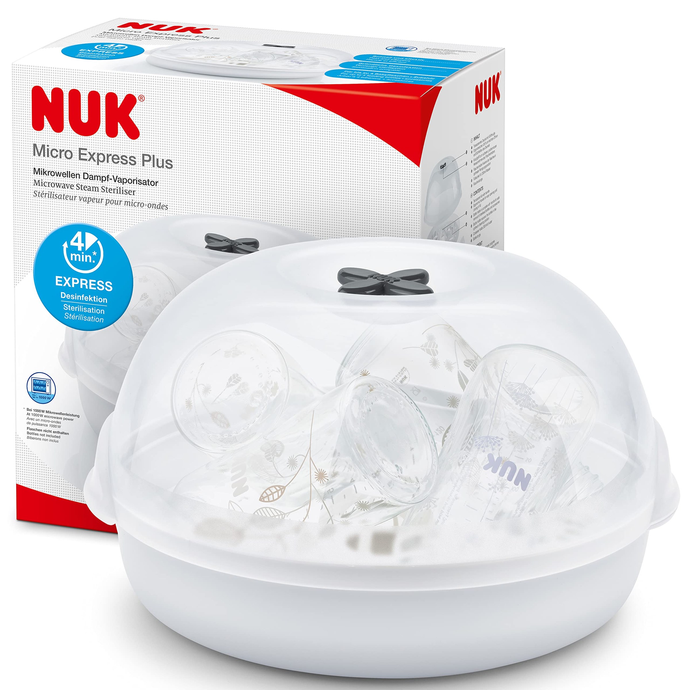 NUK Micro Express Plus sterilizzatore biberon per microonde | Sterilizza fino a 4 biberon e accessori in 4 minuti | Compatibile con gran parte dei microonde | Pinze per rimozione…