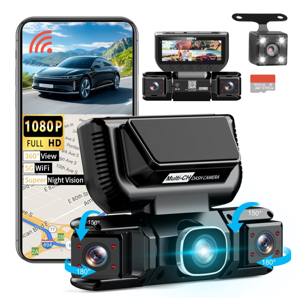 Videocamera da cruscotto a 360 gradi a 4 canali con WiFi 5G e controllo tramite app, GEMEK 2K anteriore e posteriore, videocamera da cruscotto sinistra e destra per auto, scheda T…