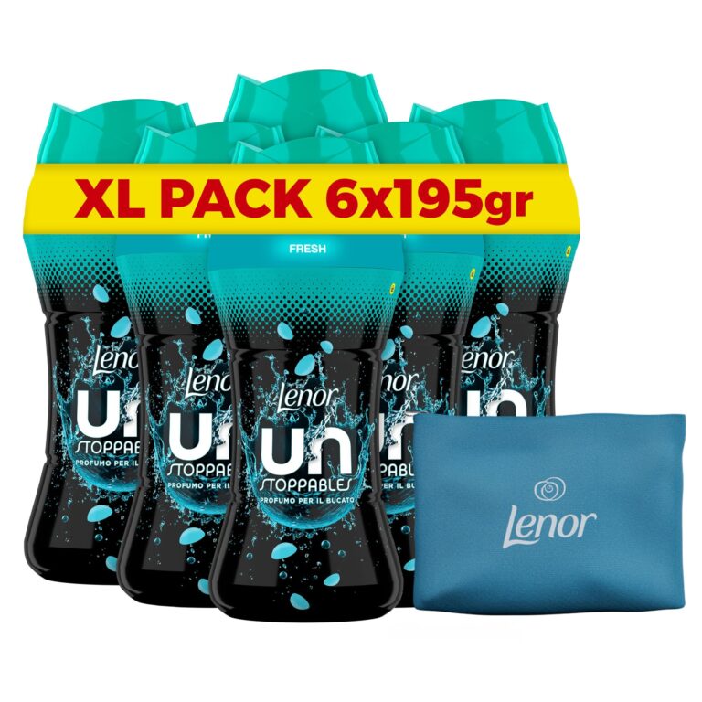 Lenor Unstoppables Fresh Profumatore Bucato Lavatrice, 6x195gr + Omaggio | Perle profumate, intensificatore di profumo, maxi formato, pochette in regalo
