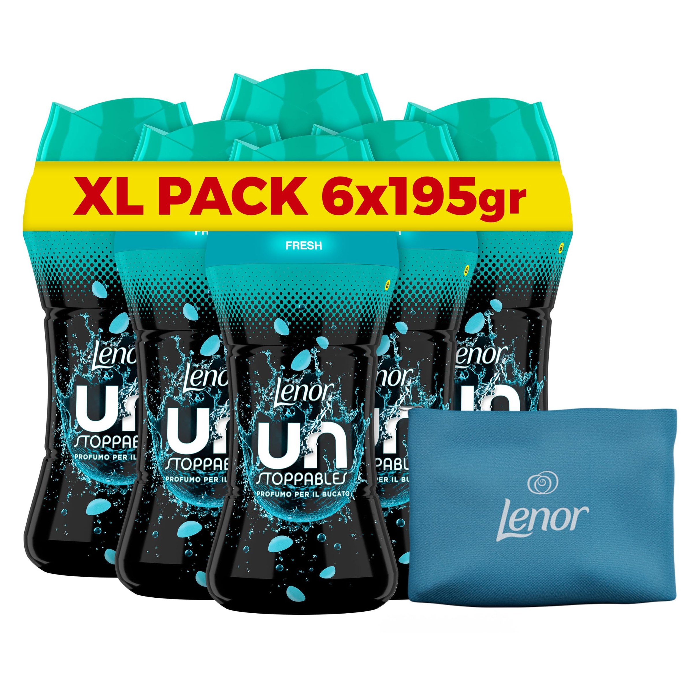 Lenor Unstoppables Fresh Profumatore Bucato Lavatrice, 6x195gr + Omaggio | Perle profumate, intensificatore di profumo, maxi formato, pochette in regalo